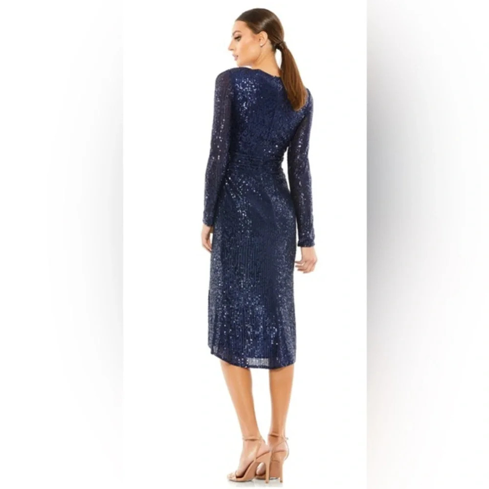 Mac Duggal Sequined long sleeve midi dress prom formal‎ midnight blue size 0